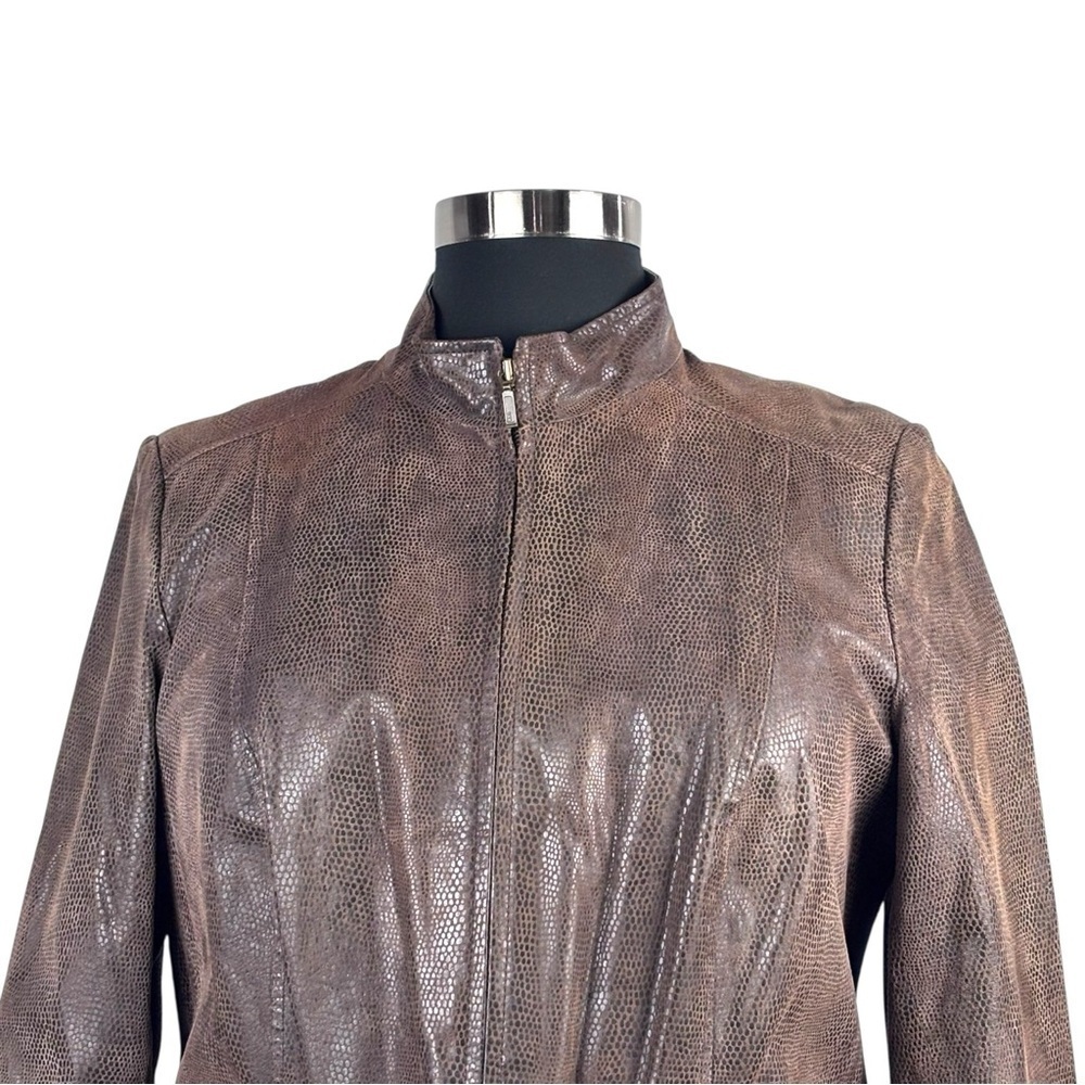 ALFANI BROWN SNAKESKIN LEATHER MOCK NECK ZIP UP JACKET - Picture 7 of 14